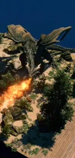 Majestic dragon breathing fire on island with trees and blue background.