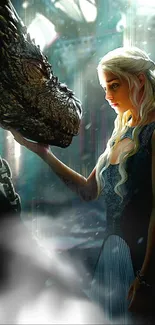 Fantasy scene with woman and dragon in mystical light.