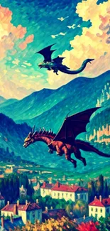 Majestic dragons soaring over scenic mountain landscape.