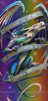 Fantasy dragon wallpaper with motivational quote and vibrant colors.