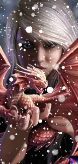 Fantasy scene with a person holding a small red dragon in a mystical setting.