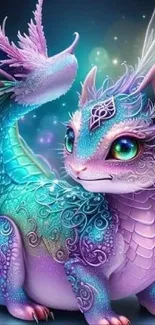 Mystical purple and teal dragon with intricate design on mobile wallpaper.