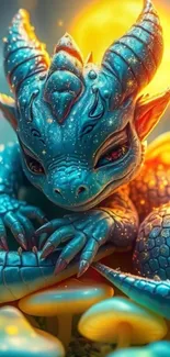 Vibrant blue dragon on mystical background.