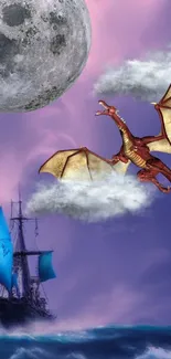 Fantasy scene with dragon, ship, and moon in vibrant colors.