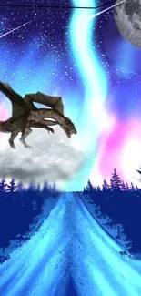 Dragon flying under aurora sky with moon and forest.