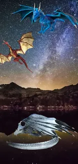 Fantasy dragons soar in the night sky over a tranquil landscape.