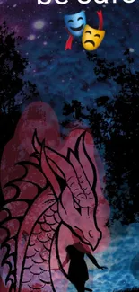 Fantasy dragon and night sky wallpaper with silhouette.