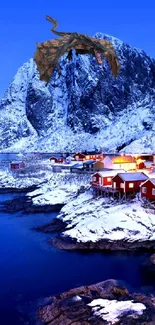 Majestic dragon flying over snowy Nordic village with blue sky.