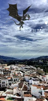 Dragon flying over cityscape with a dramatic sky.