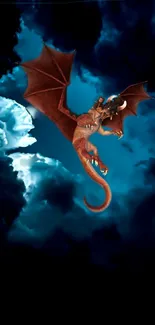 A dragon flies through dark blue stormy clouds in a fantasy wallpaper.