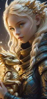 Fantasy princess in golden armor with dragon, creating an enchanting mobile wallpaper.