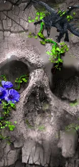 Intricate skull and dragon artwork with purple flowers and green vines.