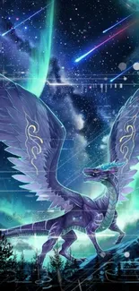 Majestic purple dragon soaring under aurora-filled sky.