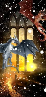 Two dragons flying in snow near a medieval archway with sunset.