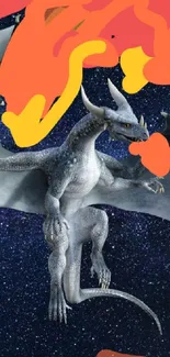 Dragon flying in starry space with dark blue and grey colors.