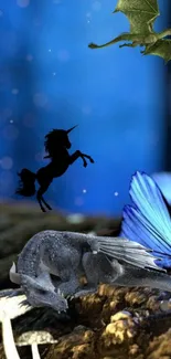 Fantasy wallpaper with dragons, unicorns, and a blue butterfly.