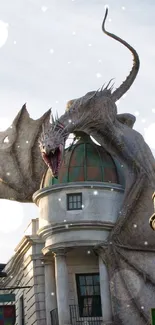 Majestic dragon atop city building in fantasy urban scene.