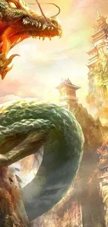 Fantasy dragon wallpaper with temples and mystical elements.