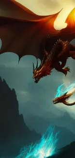 Majestic dragon flying with blue flames over mountainous terrain.