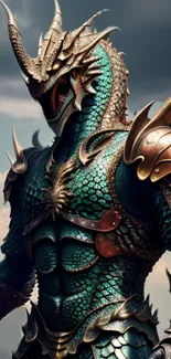 Fantasy dragon warrior in teal and copper armor, set against a dramatic sky.