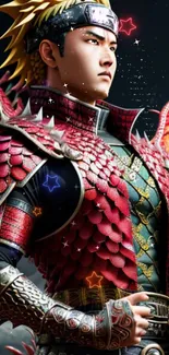 Fantasy dragon warrior in red armor with vibrant stars.