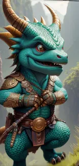 Cute turquoise dragon warrior in a fantasy landscape mobile wallpaper.