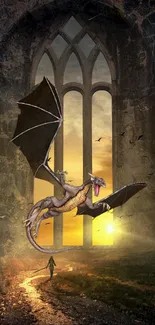 Dragon flying through a gothic window at sunset in a fantastical scene.