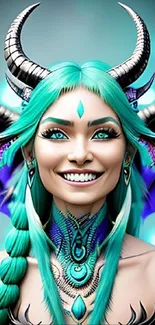 Fantasy dragon woman with turquoise hair and violet wings.