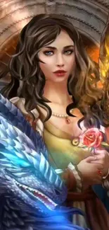 Mystical woman with dragons in vibrant fantasy art wallpaper.