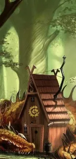 Fantasy scene with dragon and woodland house in a lush forest setting.