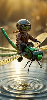 Fantasy art of a person riding a dragonfly over water.
