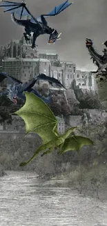 Dragons flying over a mystical castle under a moonlit sky in fantasy art.