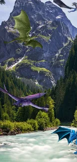 Dragons flying over a mountain and forest landscape.