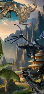 Majestic dragons soar over a mystical valley with cliffs and a temple.