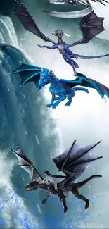 Dragons flying over a mystical waterfall.