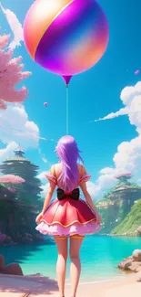 Fantasy girl with balloon in a dreamland scene, set against a vibrant landscape.