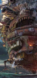 Whimsical steampunk floating castle in a vibrant dusk landscape.