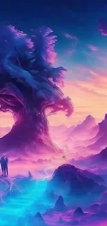 Fantasy dreamscape with a mystical glowing tree and vibrant colors.