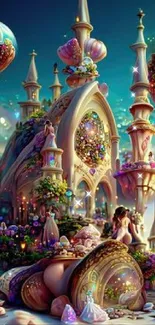 Fantasy dreamscape mobile wallpaper with whimsical architecture and floating orbs.