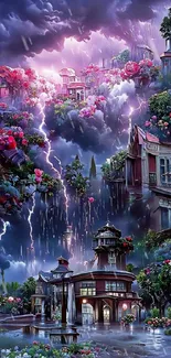 Fantasy landscape with flowers and lightning, perfect for mobile wallpaper.