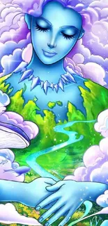 Fantasy earth spirit surrounded by clouds, stars, whale, and nature.