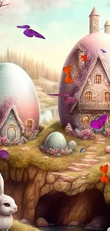 Whimsical scene with fantasy eggs and colorful butterflies, set in a mystical forest.