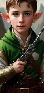 Young fantasy elf with green cloak and ancient weapon in mystical landscape.