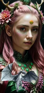 Fantasy elf with floral crown and dragon.