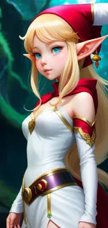 Beautiful blonde elf in mystical forest wallpaper.