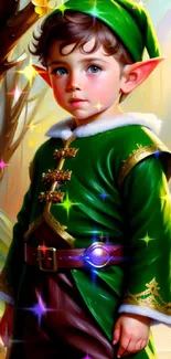 Young elf in a vibrant forest, wearing a green outfit, colorful fantasy art.