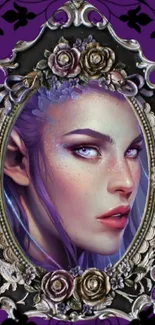 Fantasy elf portrait in vintage mirror frame with purple background.