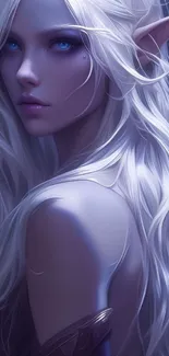 Fantasy elf with white hair and blue eyes on a mystical mobile wallpaper.