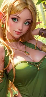 Beautiful elf character in a green forest setting with vibrant colors.