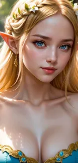 Fantasy elf with golden hair and blue eyes in a nature setting.